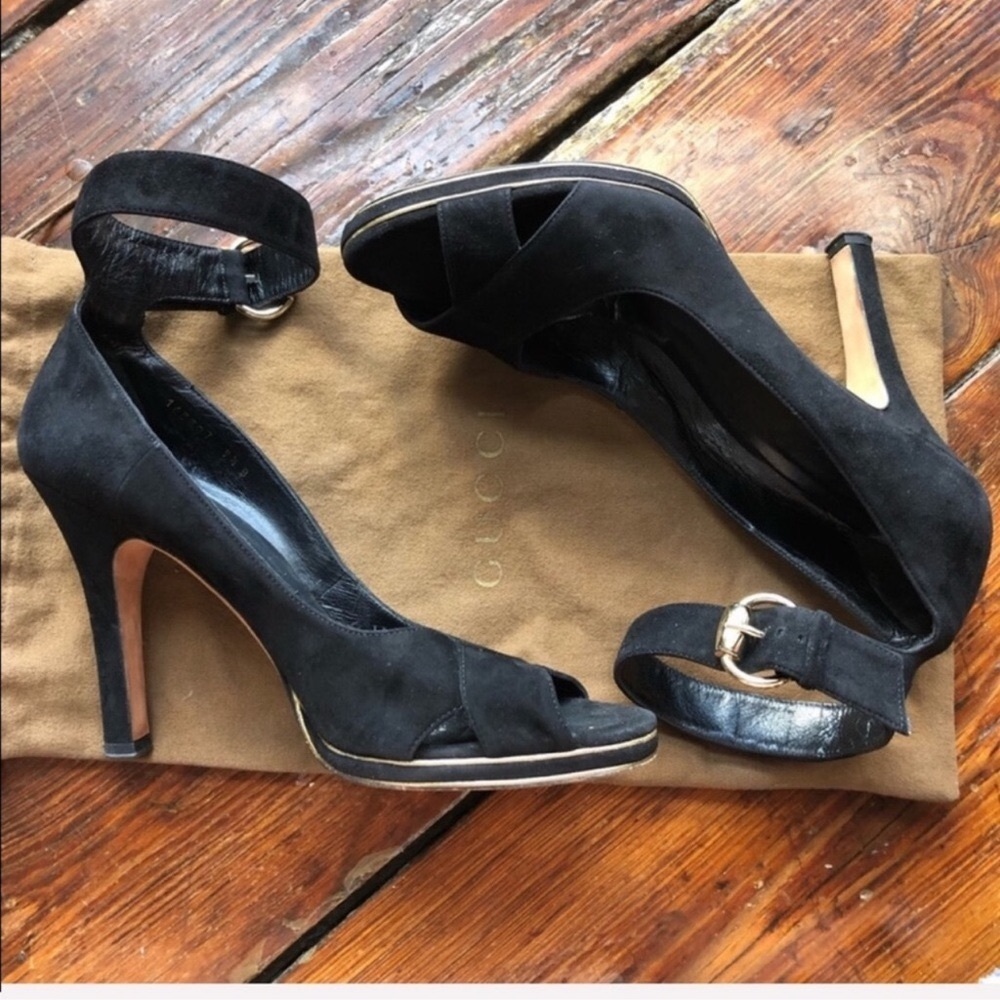 Gucci Black Suede With Gold Trim Platform Sandal